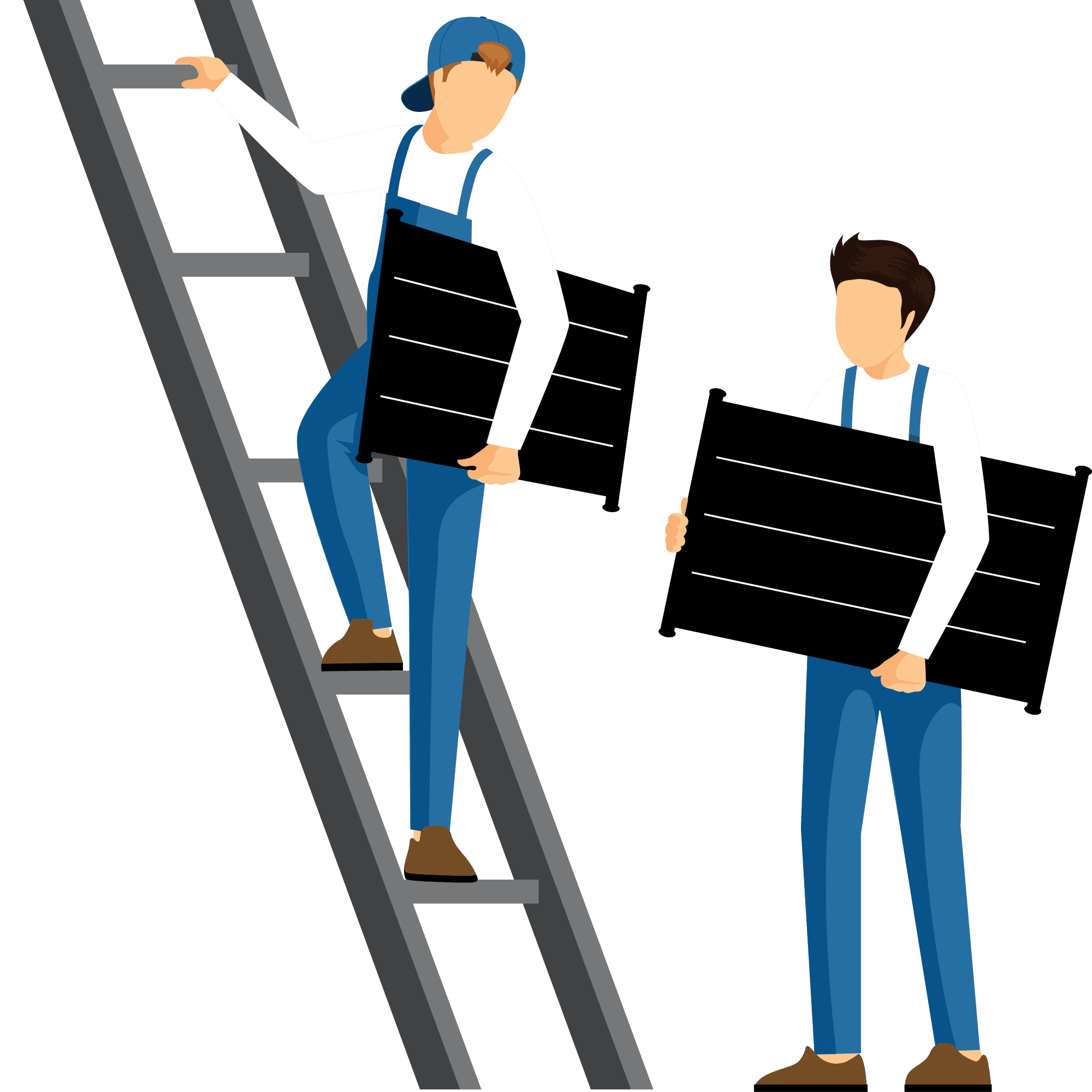 Solar installers on ladder with panels